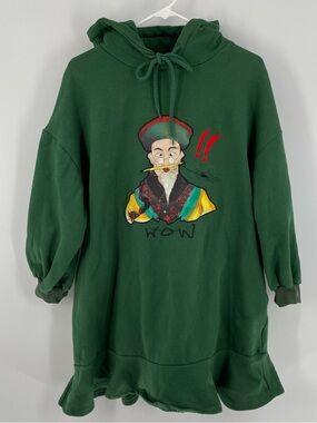 Elf Sack Novelty Appliqué Forest Green Hoodie 3/4 Sleeve Fleece Fun Top Dress